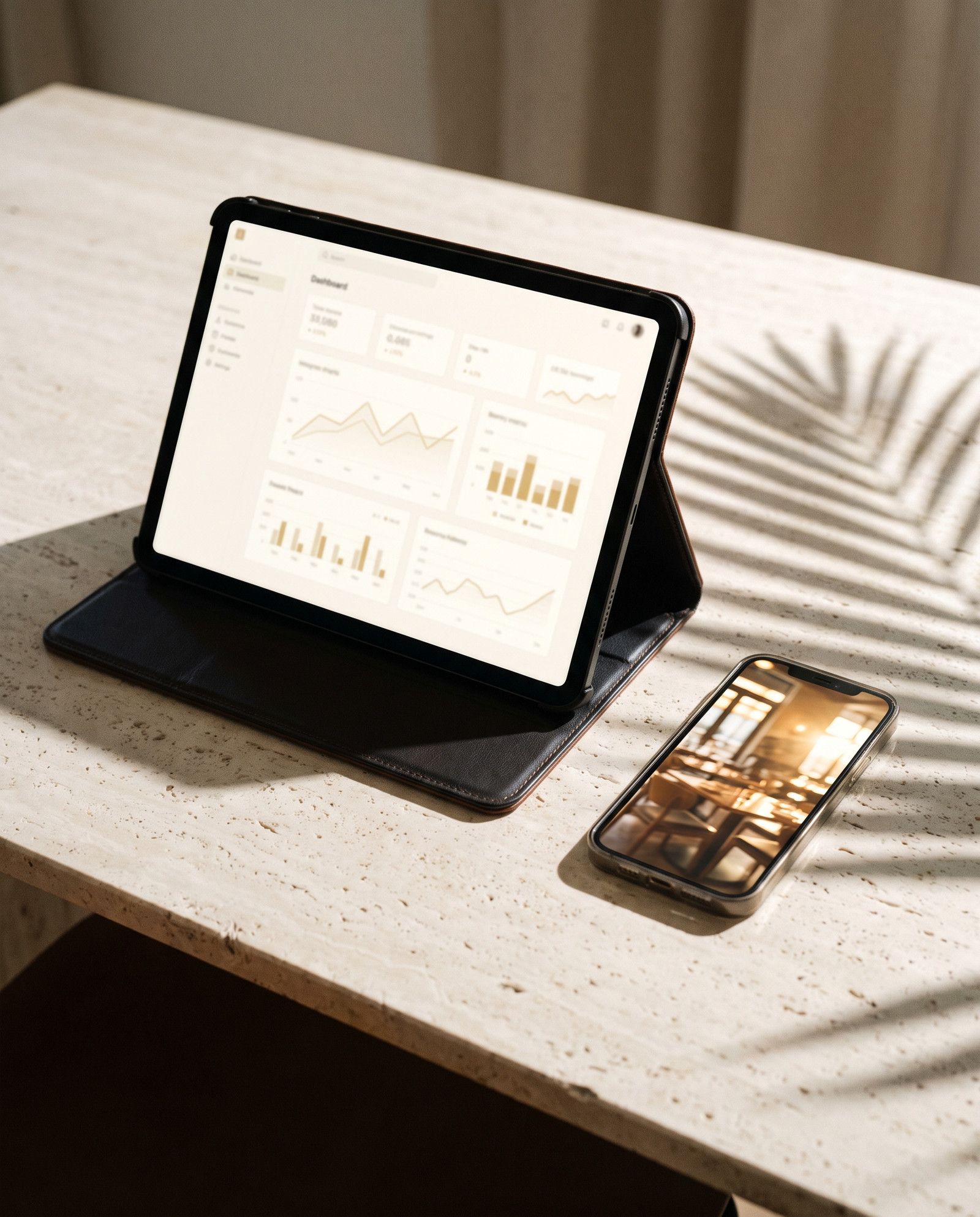 A tablet on a travertine desk showing an ads dashboard with gold line and bar charts, a phone beside it showing a sponsored post.