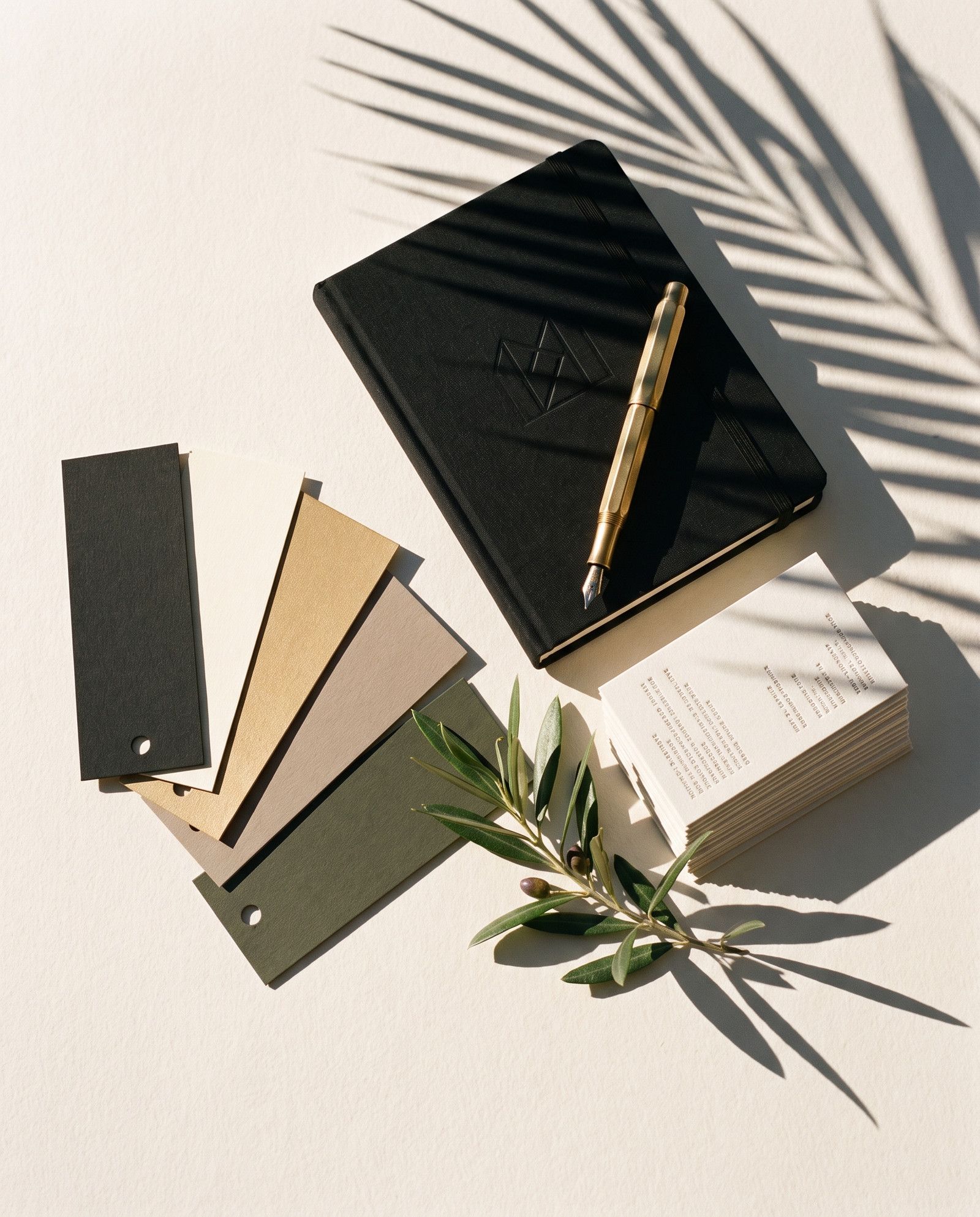 A brand kit laid out on ivory paper: a black notebook, a brass pen, color swatches, business cards and an olive sprig.