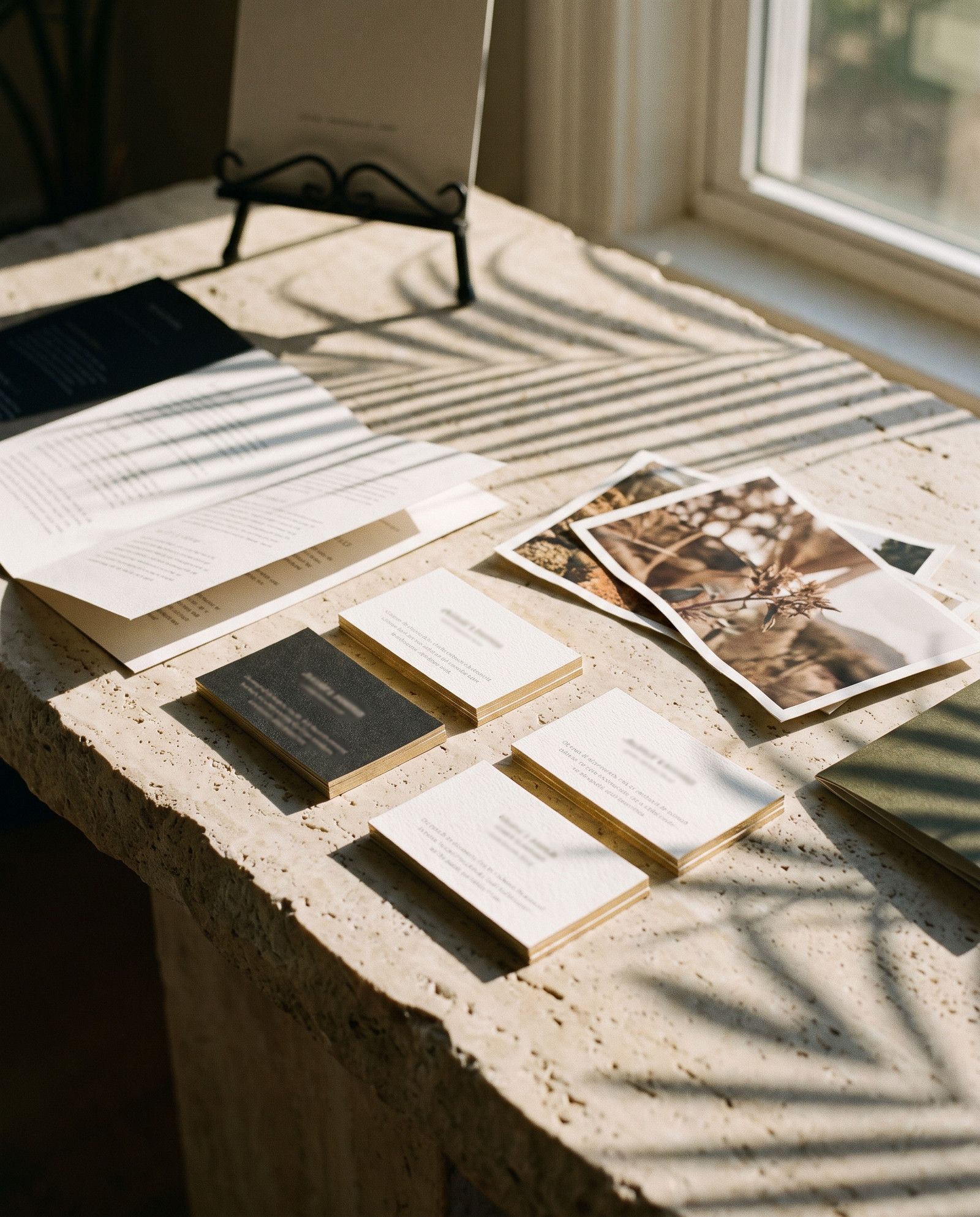 Business cards with gold edges, postcards and a brochure spread across a travertine table in late sun.