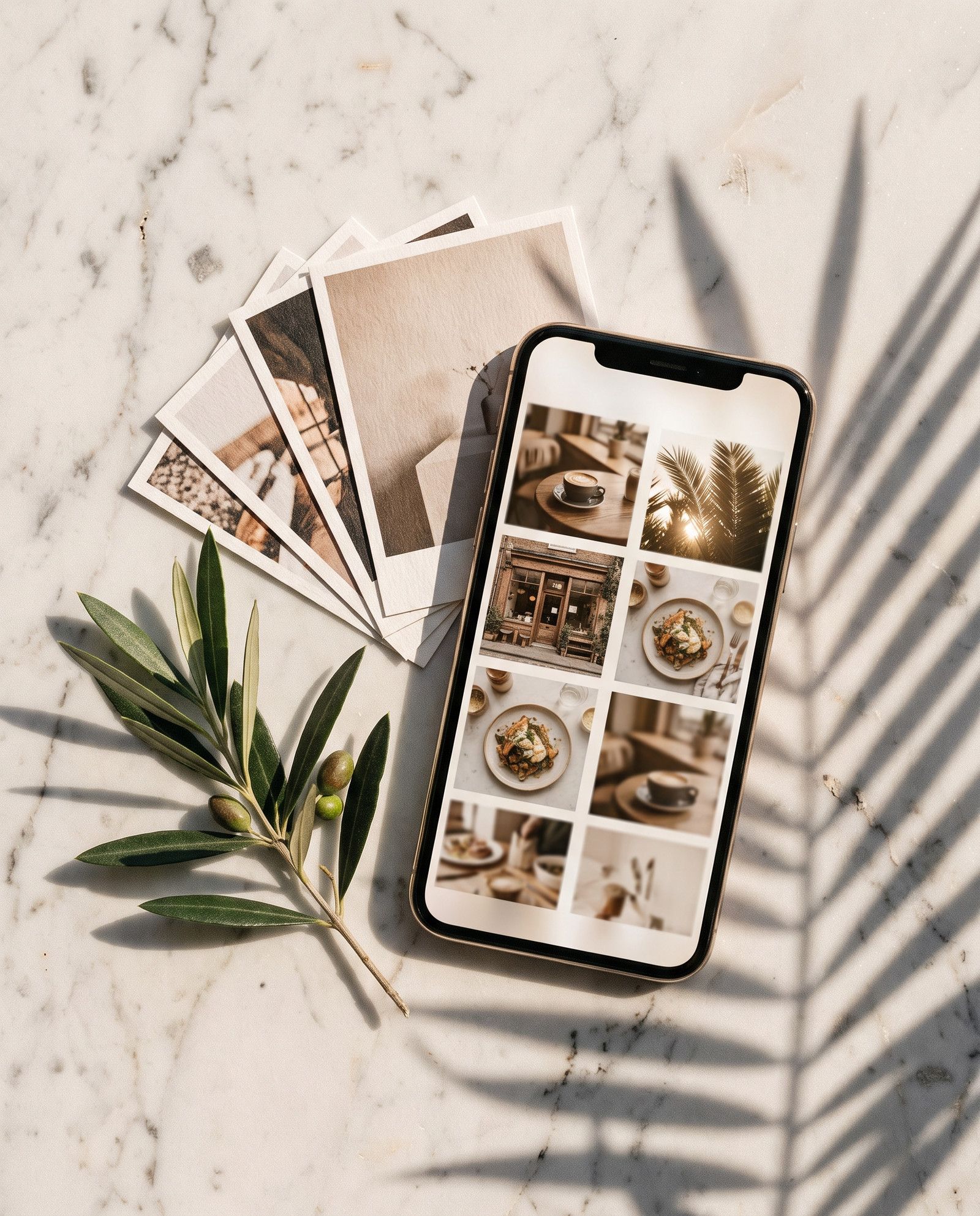 A phone on marble showing a grid of warm lifestyle photos, printed photos and an olive sprig beside it under palm shadows.