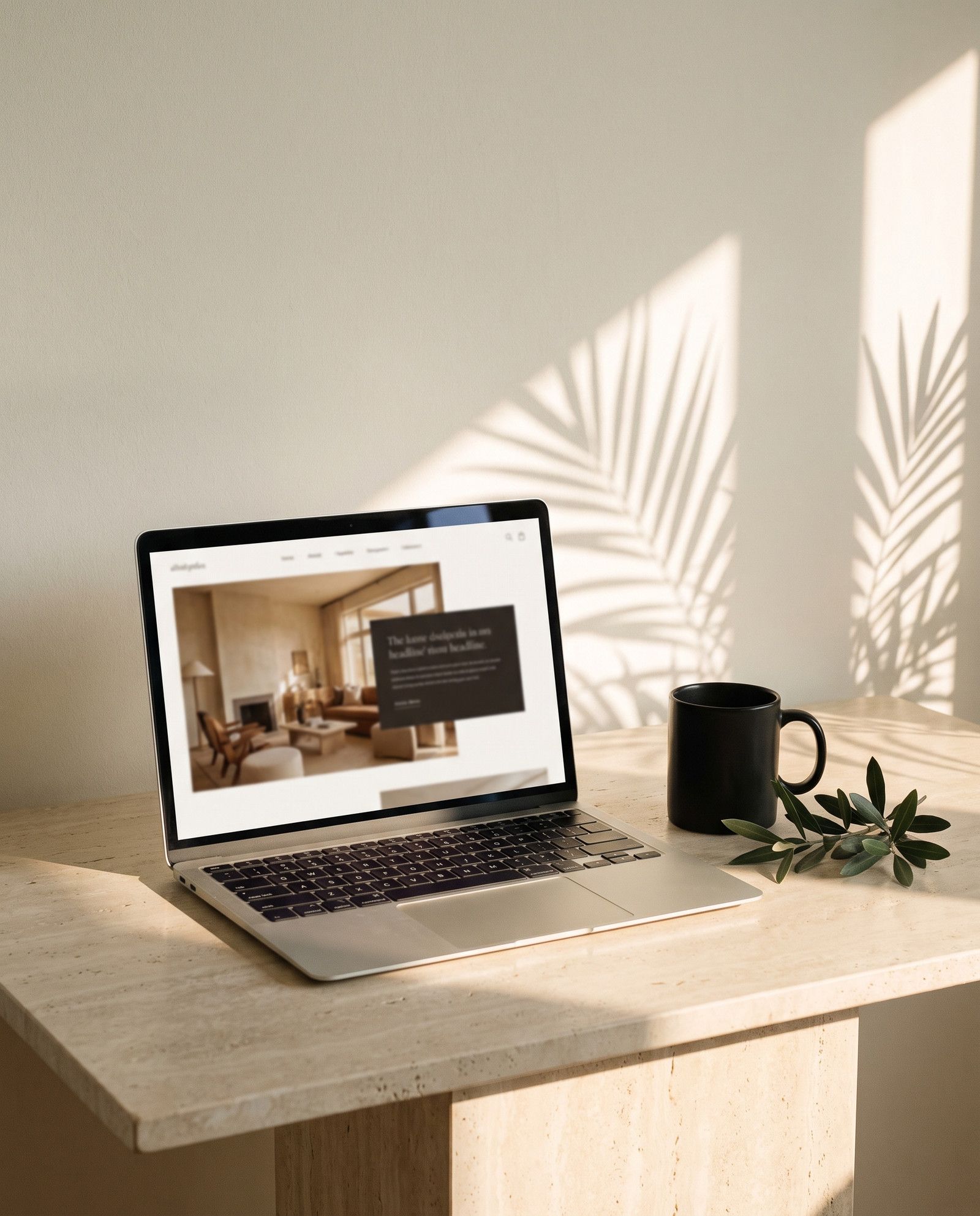 A laptop on a travertine desk showing an elegant website, a black mug and olive leaves beside it in late sun.