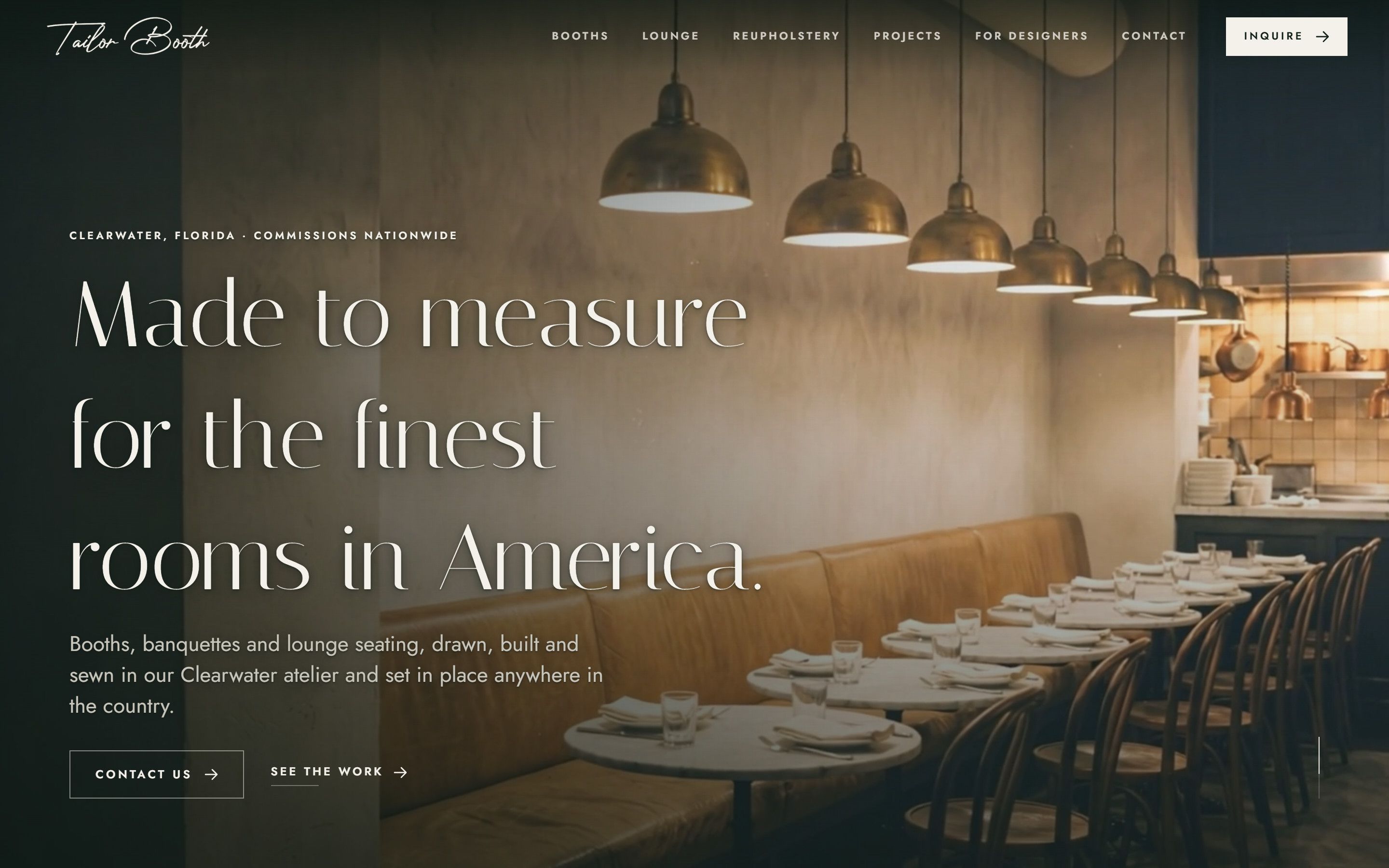 Tailor Booth home page on desktop: a restaurant banquette under brass pendant lights with the headline Made to measure for the finest rooms in America.