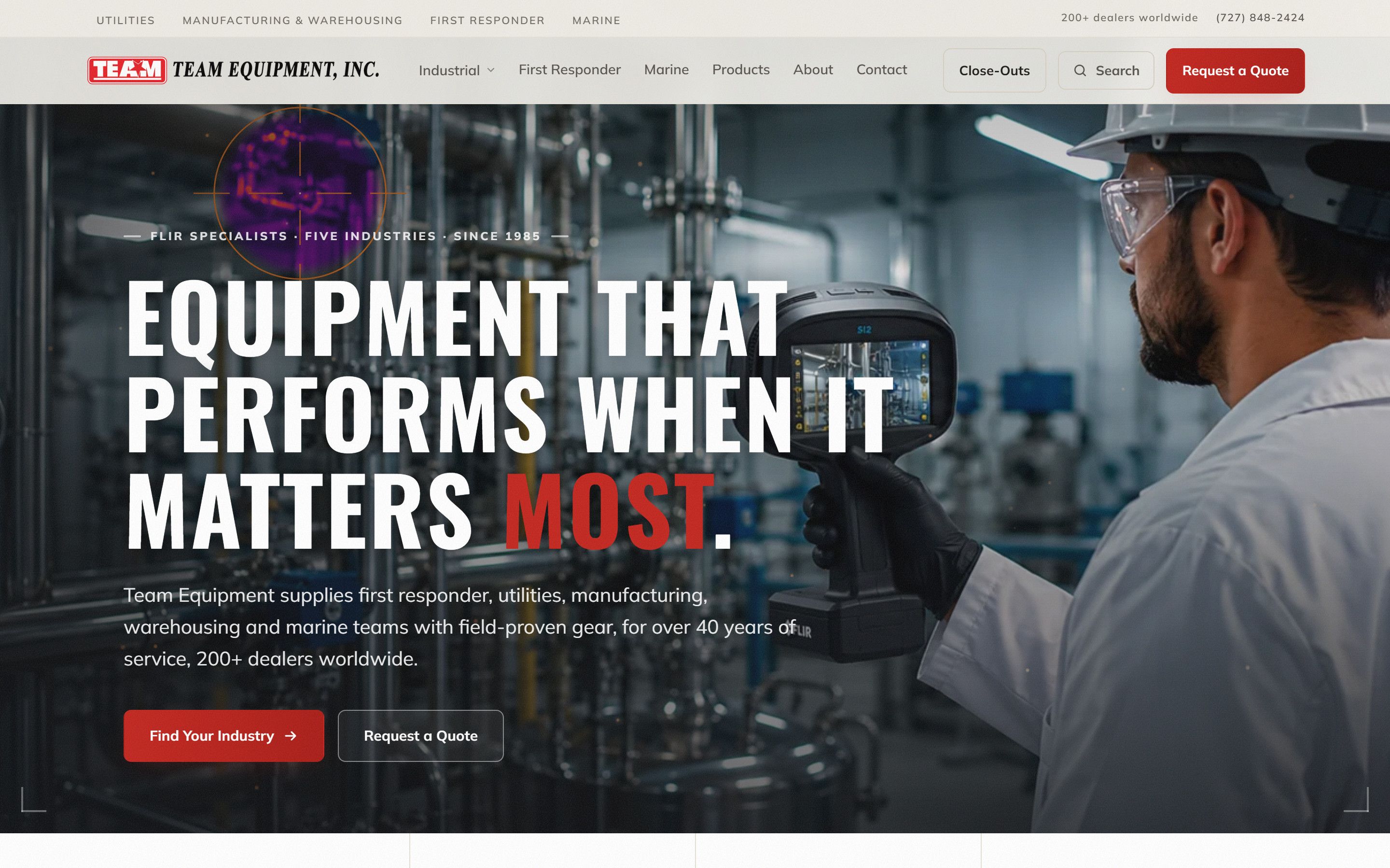 Team Equipment home page on desktop: an engineer holding a thermal camera, with the headline Equipment that performs when it matters most.